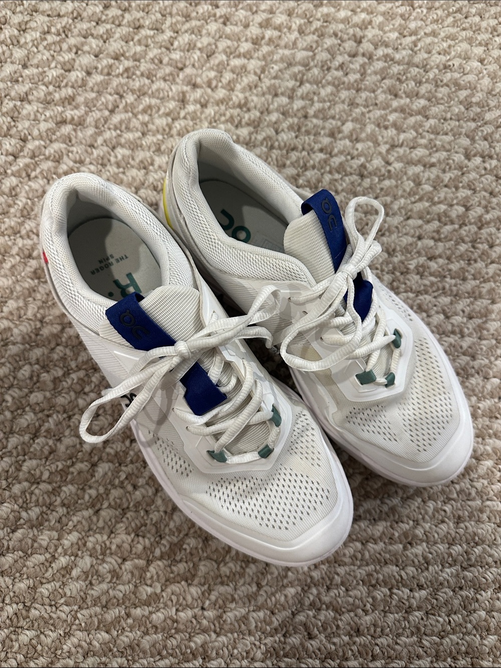 White On “The Roger” Spin tennis/Running Cloud Sneaker with Blue Accents